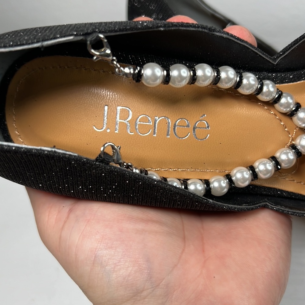 J. Renee black heels with removable pearl and black bead front cross straps 8M - Picture 15 of 16